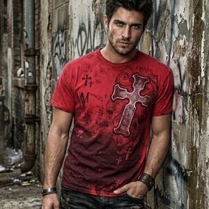 MMA Elite Red Distressed Style Tee with Cross Graphic - Size Large